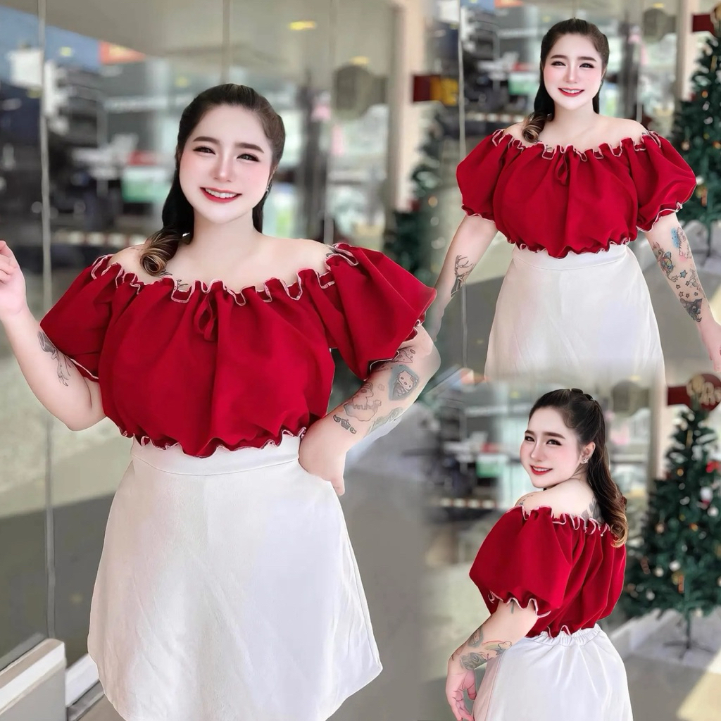 S43เสื้อปาดไหล่แขนตุ๊กตาเย็บแต่งด้ายสี รอบอก44-52นิ้ว ยาว18นิ้ว ผ้าบาร์บี้ เสื้อเปิดไหล่สาวอวบ