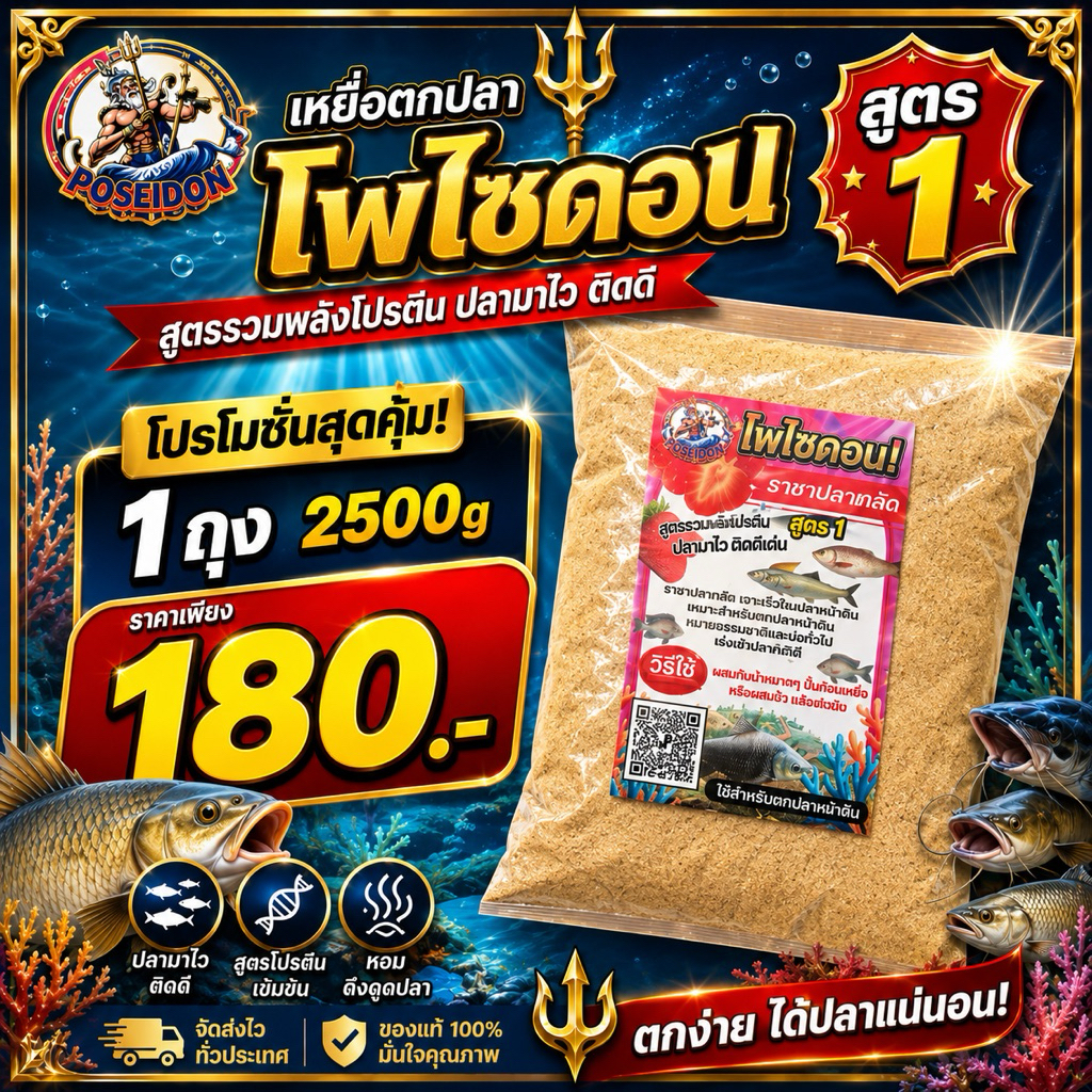 เหยื่อตกปลาโพไซดอน สูตร1 ตกหน้าดิน ชิงหลิว ตกหมายธรรมชาติ หมายบ่อ มี 2 ขนาด 800g และ 2500g