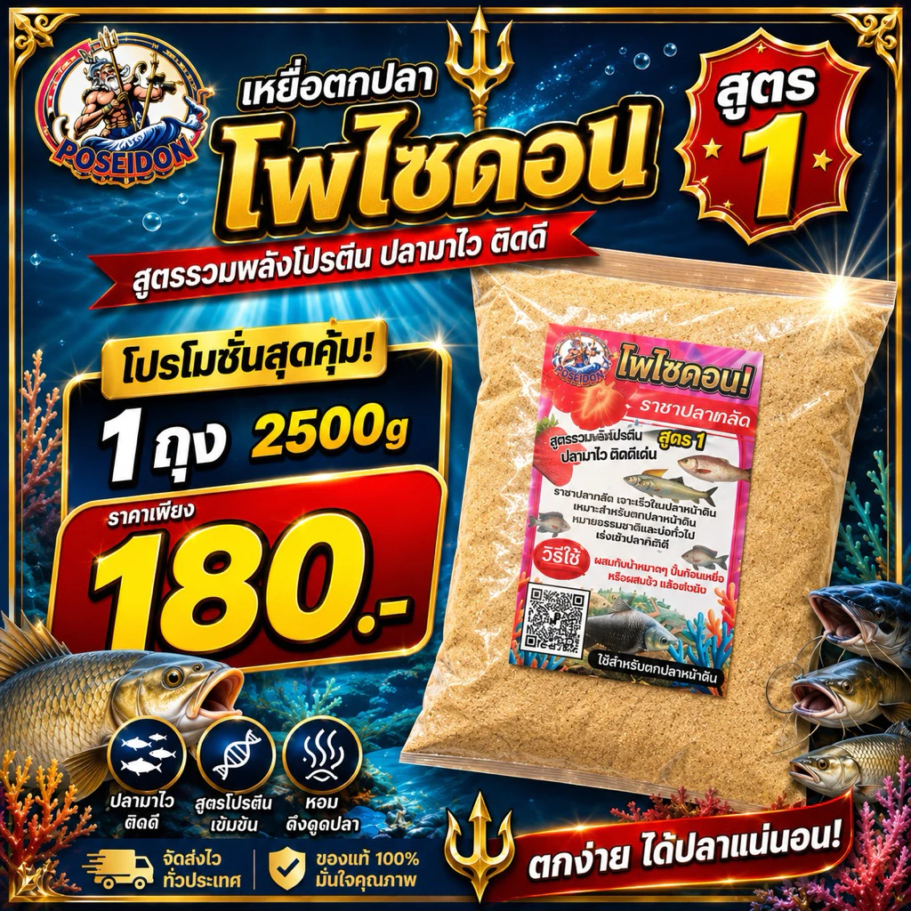 เหยื่อตกปลาโพไซดอน สูตร1 ตกหน้าดิน ชิงหลิว ตกหมายธรรมชาติ หมายบ่อ มี 2 ขนาด 800g และ 2500g
