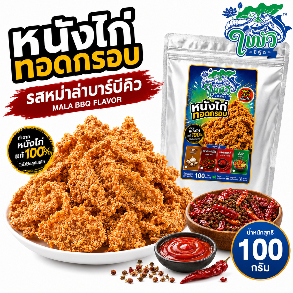 หนังไก่ทอดกรอบ ใบบัว ซีฟู้ด รสหม่าล่าบาร์บีคิว 100 กรัม หนังไก่แท้ 100% กรอบอร่อย เผ็ดชา เคี้ยวเพลิน พร้อมทาน