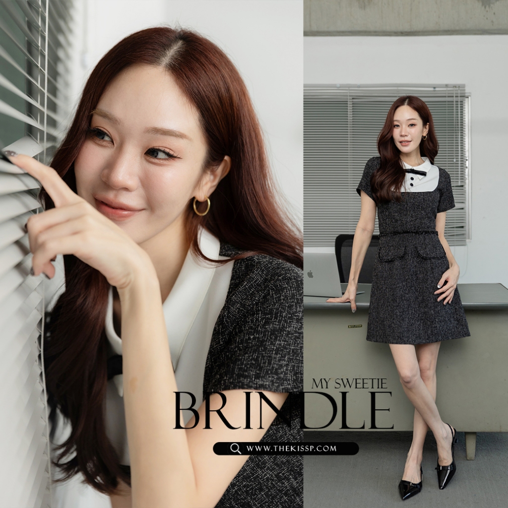 LOT 3 : MY Sweetie BRINDLE' dress + FREE velvet RIBBON PIN (เข็มกลัดโบกำมะหยี่ถอดออกจากชุดได้ )