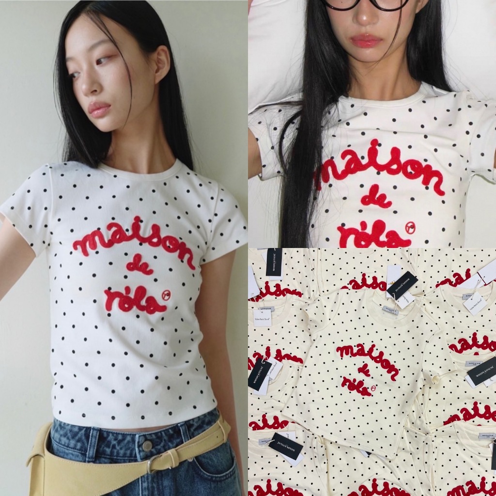 🍊 VL 5266 เสื้อยืดแขนสั้น ทรงพอดีตัว ลายจุด polka dot น่ารักมากๆ