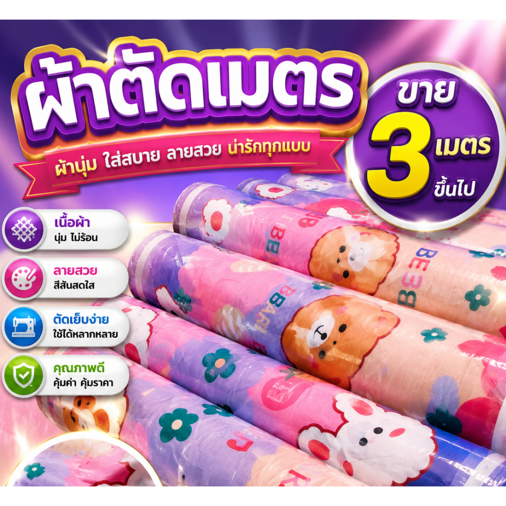 ผ้าตัดเมตรพิมพ์ลายน่ารัก80กรัม ขาย3เมตรขึ้นไป