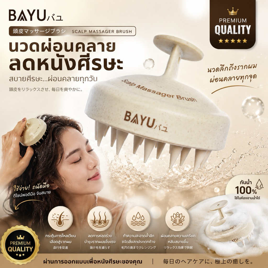 BAYUバユ Scalp Massager Brush แปรงนวดศีรษะระกว่างสระผม ลดอาการปวดหัว  ลดหนังศีรษะเหม็น