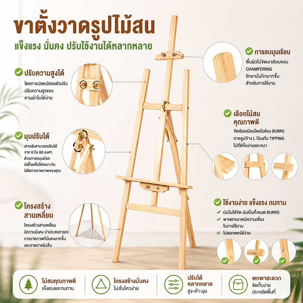 ขาตั้งวาดภาพไม้จริง ปรับระดับได้ 120/150/175 ซม. Easel ไม้ธรรมชาติ สำหรับวาดรูปและแสดงภาพ Wooden Display Easel