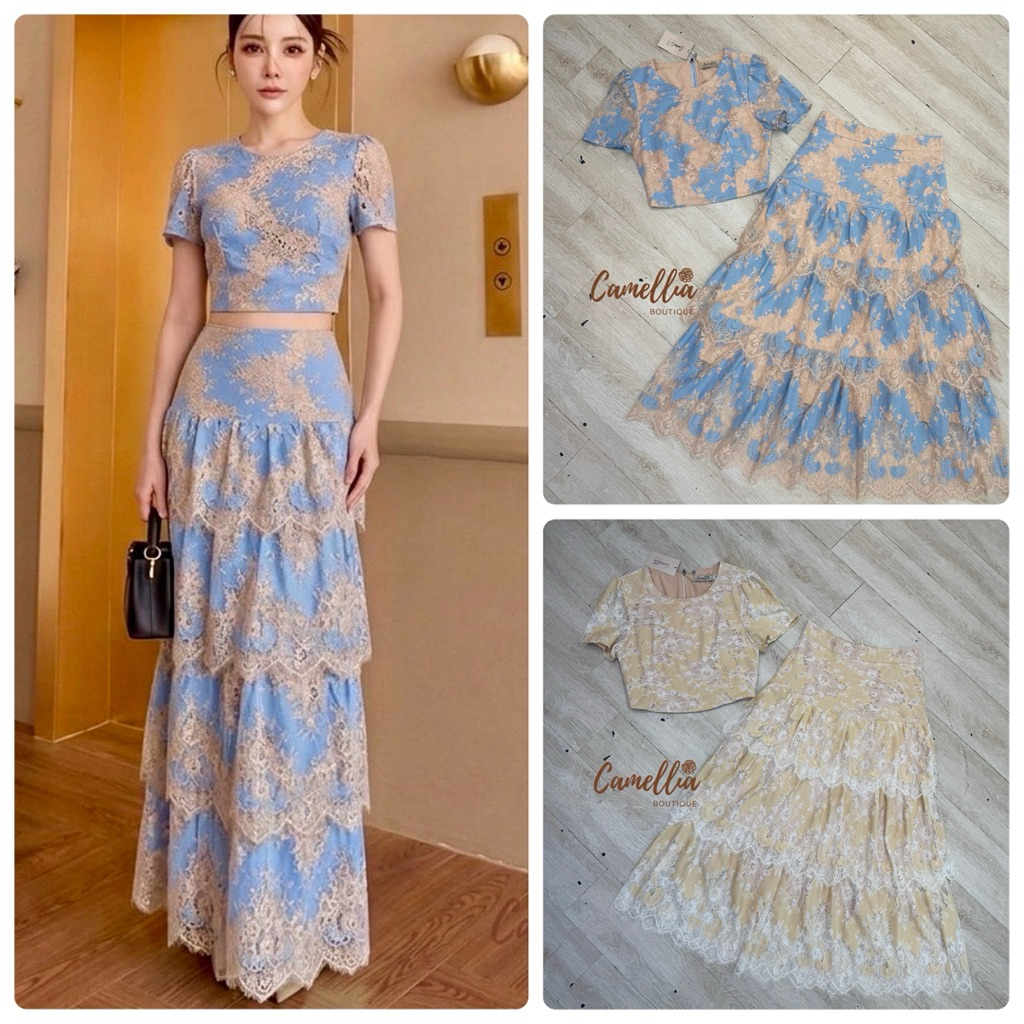 Camellia ชุดเซ็ท เสื้อครอป+กระโปรงยาว ชุดเซ็ทลูกไม้