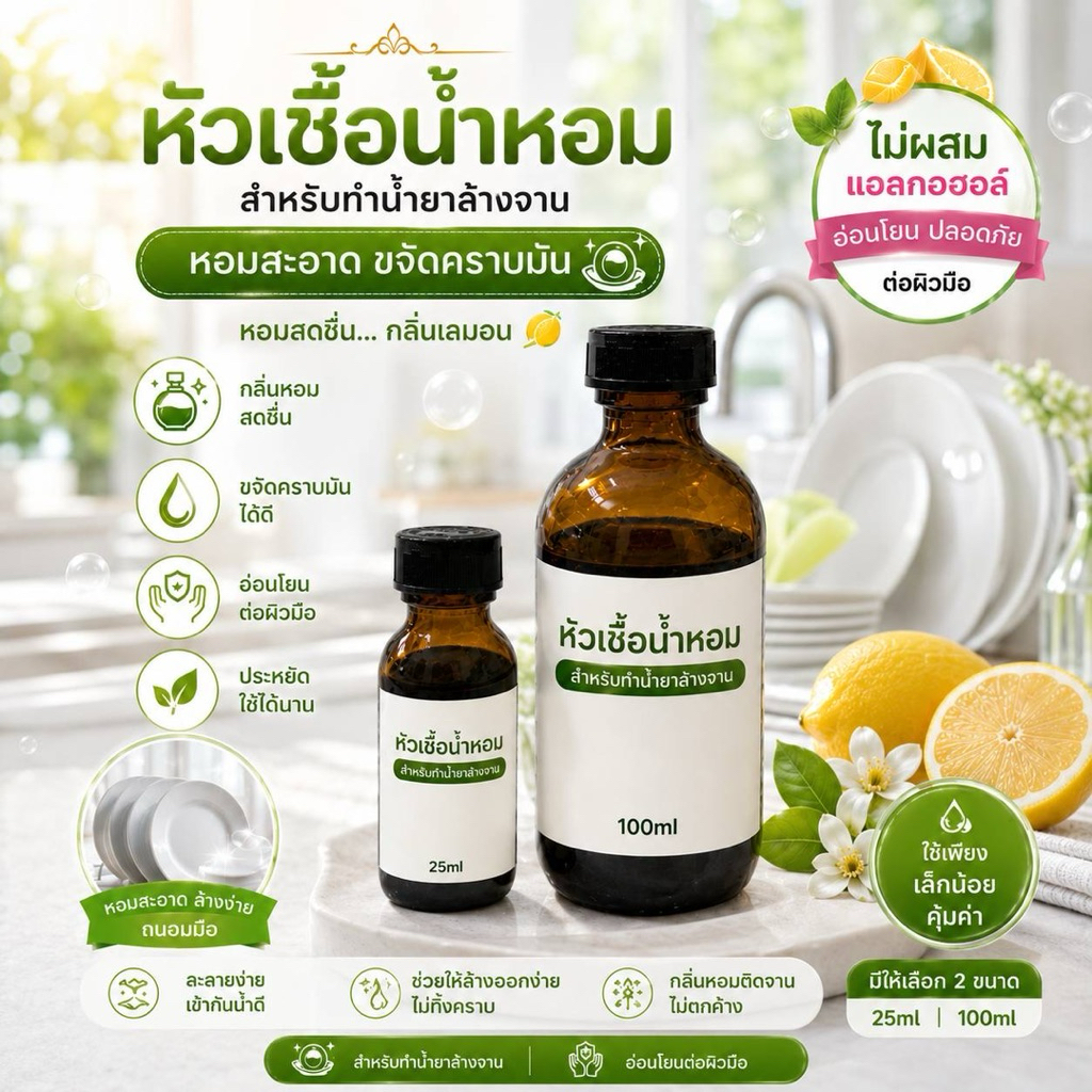หัวเชื้อน้ำหอมกลิ่นใะนาวสำหรับทำน้ำล้างจาน ถูพื้น หอมฟุ้ง หอมสดชื่น ลดกลิ่นคาว ไม่ผสมแอลกอฮอล์
