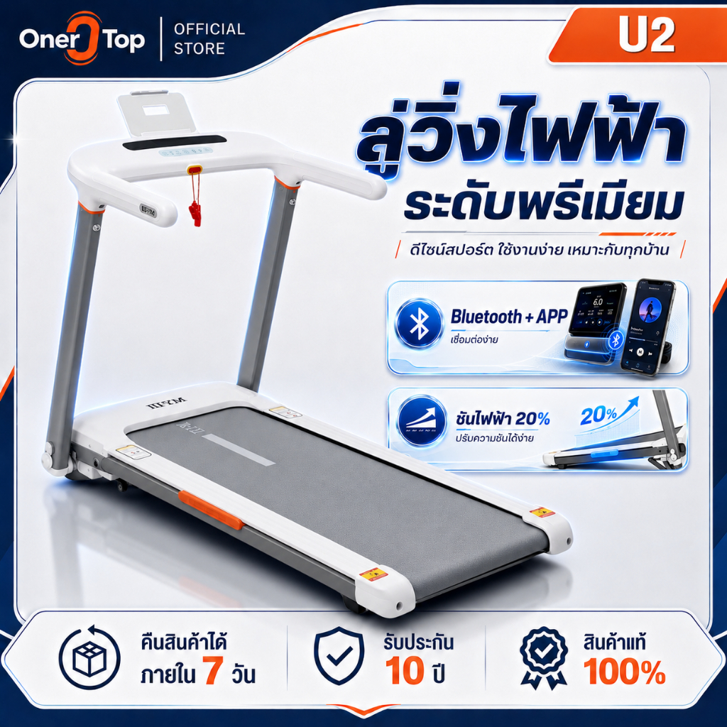 ONER TOP U2 ลู่วิ่งไฟฟ้า ลู่วิ่ง ปรับความชันไฟฟ้า 15° แรงม้า 5.0HP รับน้ำหนัก 300 กก. พับไฮดรอลิก+ลำโพงบลูทูธ