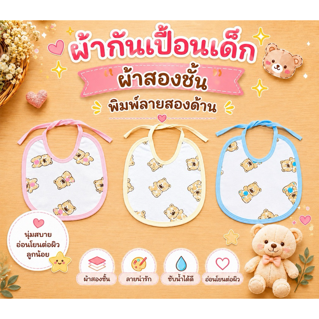 Iconkids ผ้ากันเปื้อนเด็ก 1 ผืน พิมพ์ลายทั้ง 2 ด้าน
