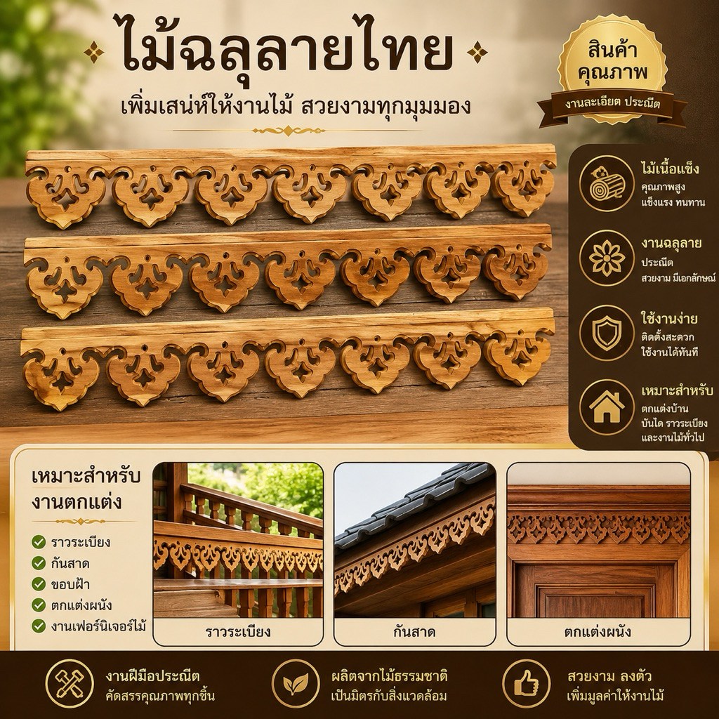 ไม้เชิงชายลายการบินไทยไม้กระถินณรงค์ จำนวน5แผ่นมี2ขนาดกว้าง5นิ้ว ยาว1เมตรและกว้าง6นิ้ว ยาว1เมตร