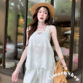 🔥aimorn_shop🔥เสื้อกล้ามแต่งสาย คอเหลี่ยม ทรงยาว ผ่าข้าง ลูกไม้แน่นๆ ดีเทลเก๋มาก งานสวยสุดๆ