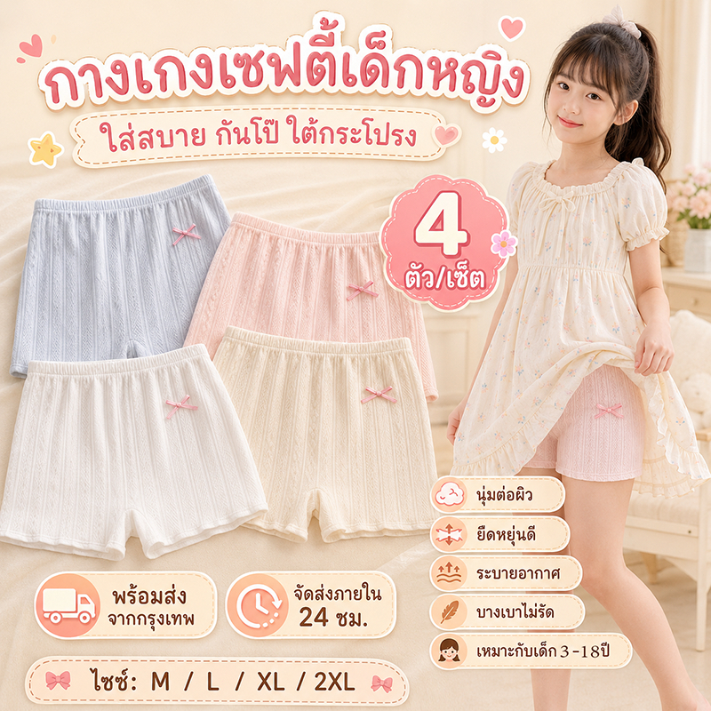 กางเกงเซฟตี้ 4 ชิ้นสำหรับสาว ๆ กางเกงผ้าฝ้าย Jacquard Boxer เด็กฤดูร้อนระบายอากาศสาวน้อยตีด้านล่างกางเกงขาสั้น