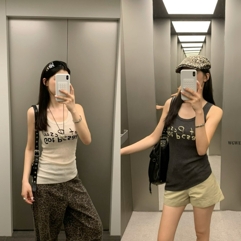 9826#เสื้อกล้ามไหมพรม ทอลายช่วงอก เนื้อผ้าดี ยืดหยุ่นได้เยอะ  TAG:WG.WE 🇰🇷