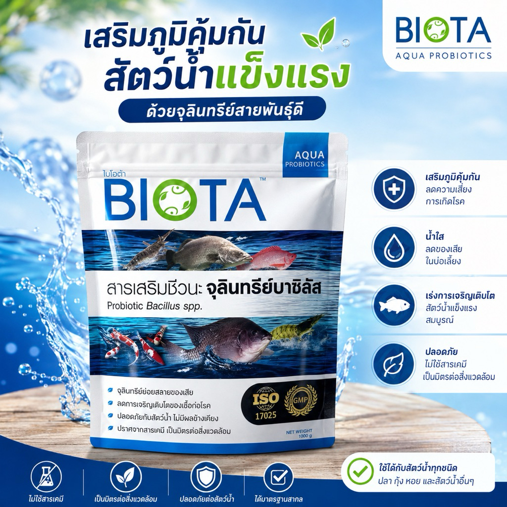 จุลินทรีย์ BIOTA ช่วยแก้ปัญหาน้ำเขียว น้ำขุ่น ลดตะกอน พร้อมใช้ไม่ต้องหมัก สำหรับบ่อกุ้งและบ่อปลา ขนาดถุง1กก.