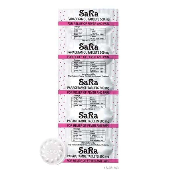 ส่งไว✨✅ ซาร่า พาราเซตามอล ยาเม็ดบรรเทาปวด ลดไข้ SARA Paracetamol 500MG เม็ดรี เม็ดกลม10 เม็ด/แผง 500 มก.
