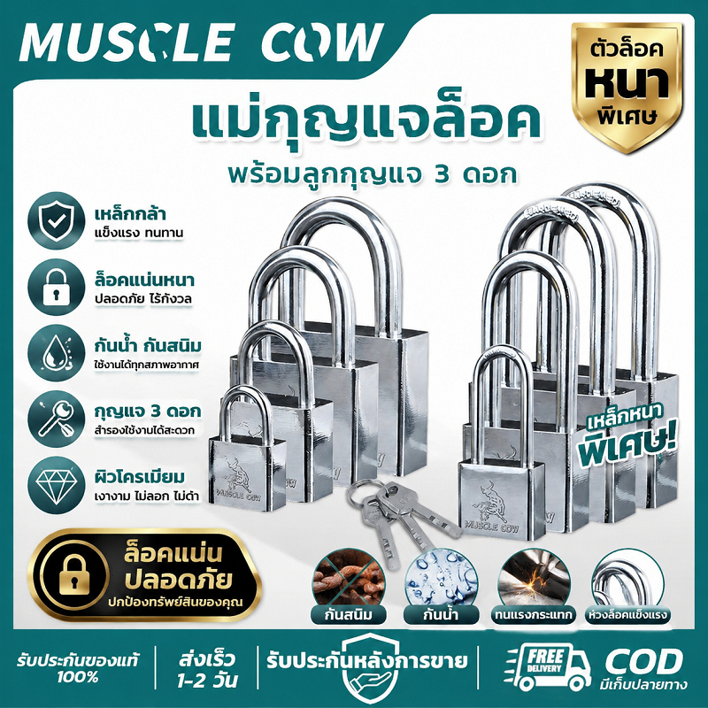 MUSCLE COW แม่กุญแจล็อค ยาวสั้น สแตนเลส แข็งแรง ทนทาน กันขโมยสูง มีลูกกุญแจ 3 ดอก