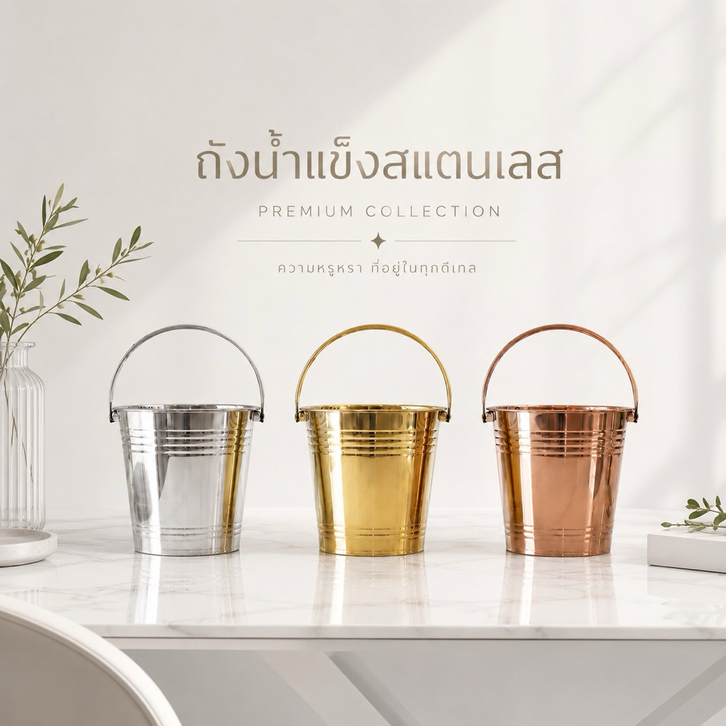 ถังน้ำแข็งสแตนเลสพรีเมี่ยม 20cm | สีทอง สีเงิน สีพิ้งค์โกลด์ | ถังแช่ไวน์ ถังแช่เบียร์ หรูหรา 4.5L