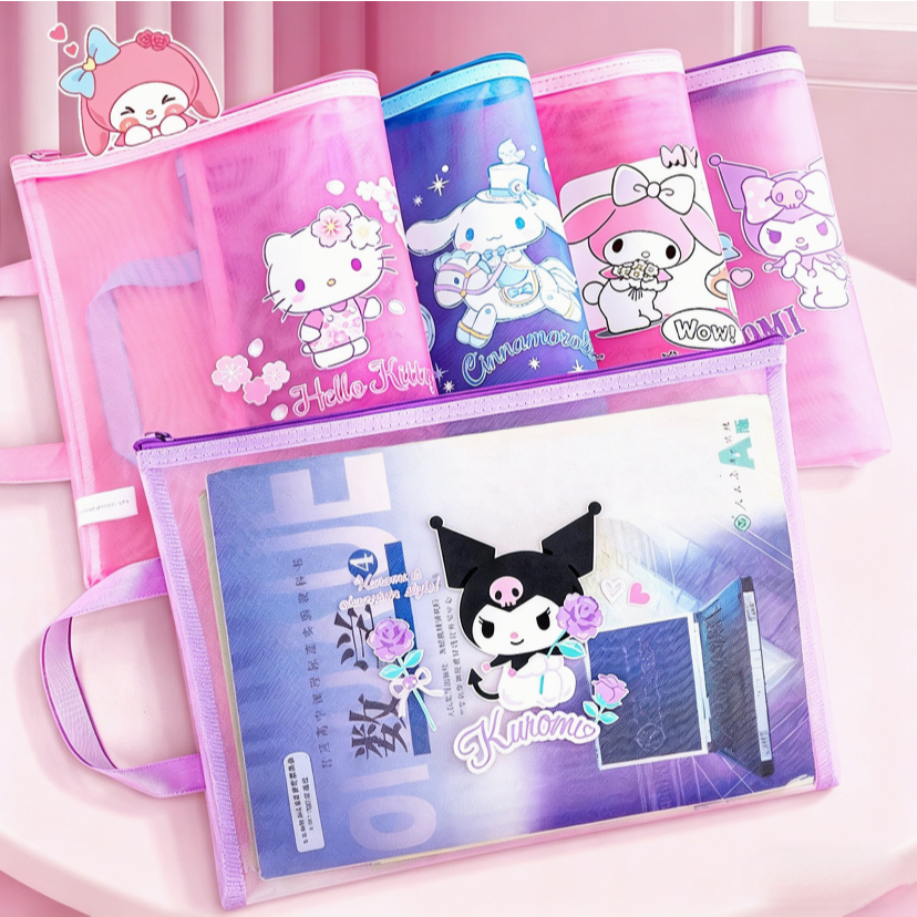 Sanrio ถุงตาข่ายใส แบบ A4 มีซิป กระเป๋าตาข่าย ใช้จัดเก็บเอกสาร อุปกรณ์สำนักงานต่างๆ