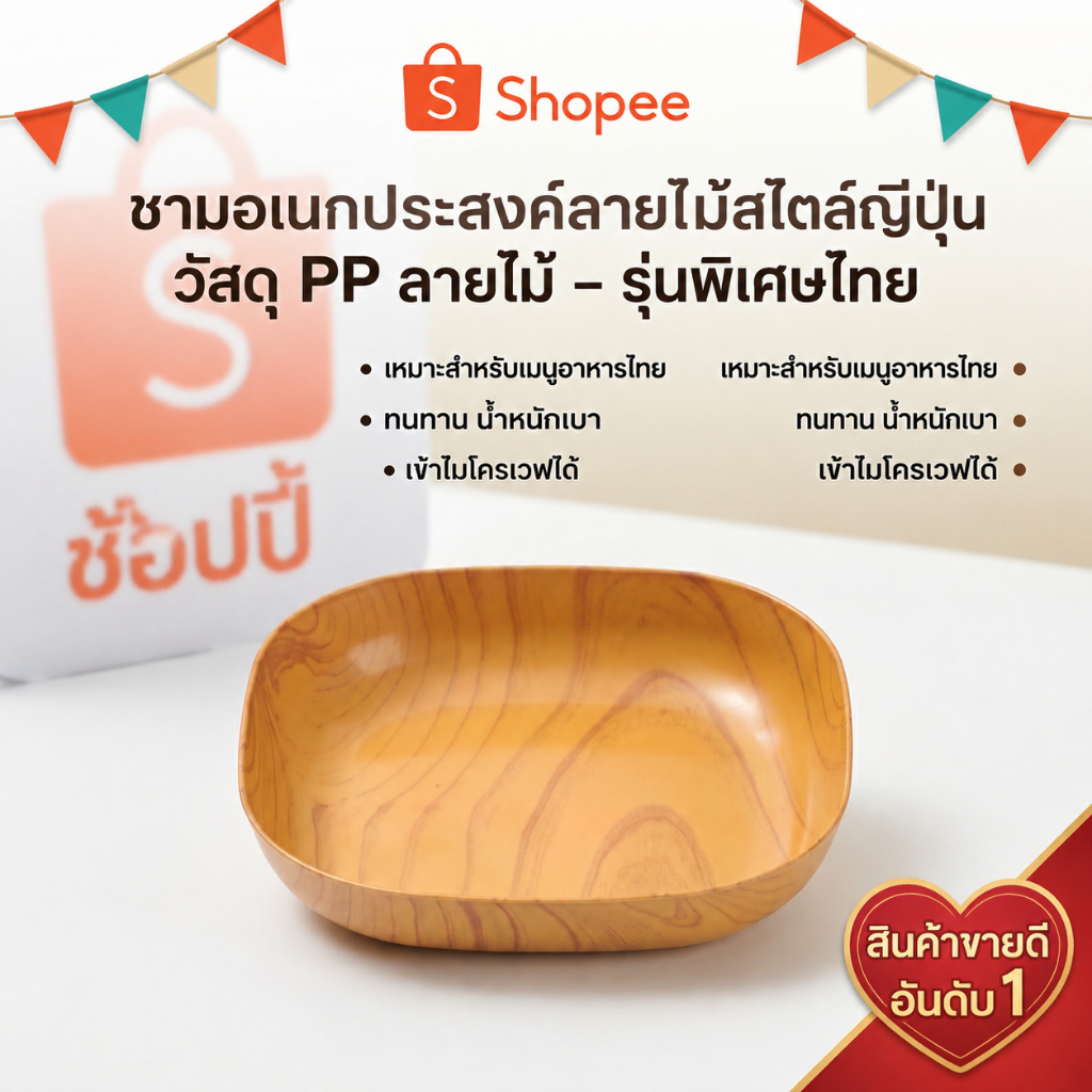 จานลายไม้เลียนแบบ PP 14.5 ซม. ทนทาน ใช้ใส่ขนมและของทานเล่นบนโต๊ะ ผลไม้ น้ำชายามบ่าย