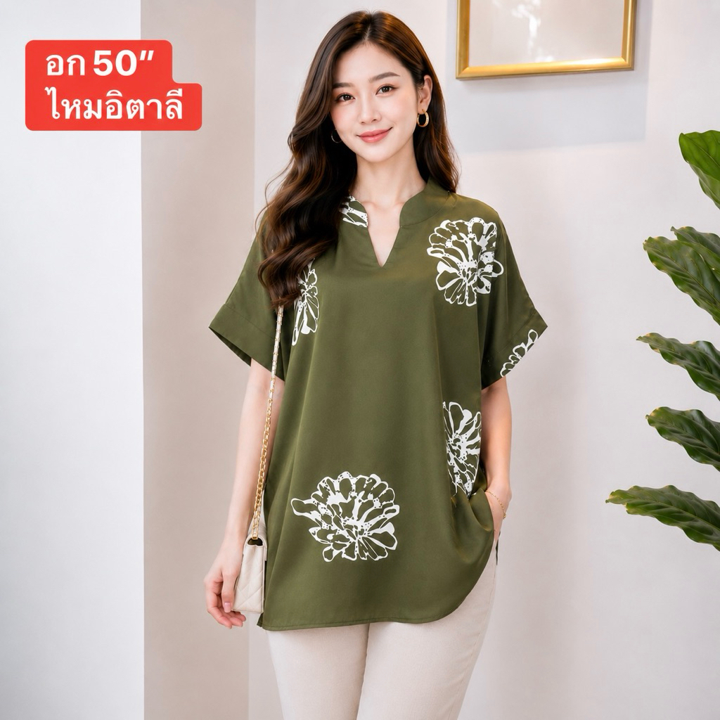 อก50“ คอจีน ผ้าไหมอิตาลี และผ้าสปัน เสื้อผ้าสาวอวบ ไซส์ใหญ่