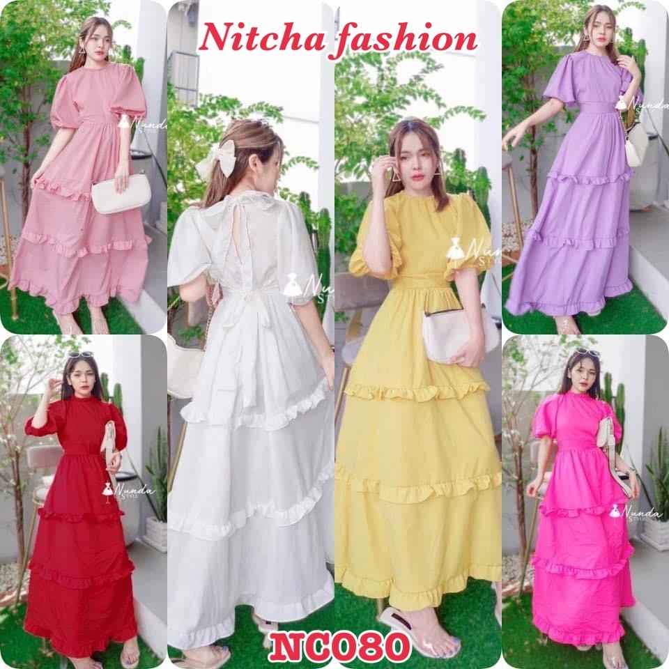 NCB0080 แม็กซี่เดรสคอผูกโบว์หลัง ผ่าหลังผ้าไหมอิตาลี่ กระโปรงทรงบานแต่งระบายรอบ อก32-38" เอว24-32" ส