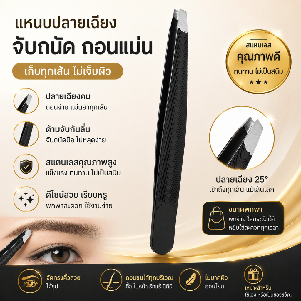 iandmysis แหนบถอนขนสแตนเลส ปลายเฉียง เกรดพรีเมียม แหนบดึงขนคิ้ว ถอนขนรักแร้ คีบขนคุดได้แม่นยำ ด้ามจับกันลื่น สีดำดีไซน์ห