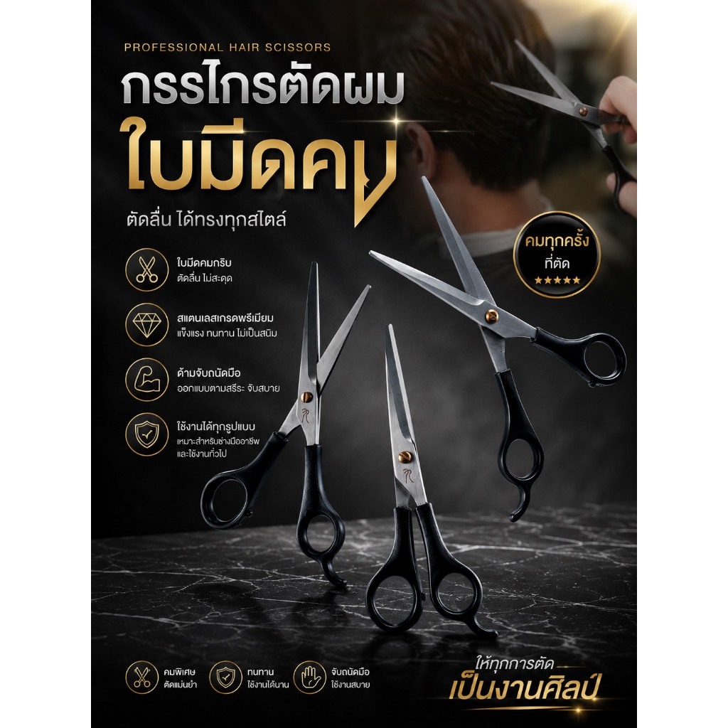 กรรไกรตัดผม ใบมีดคม สแตนเลสอย่างดีใช้สำหรับตัดผม หรือ อเนกประสงค์ได้