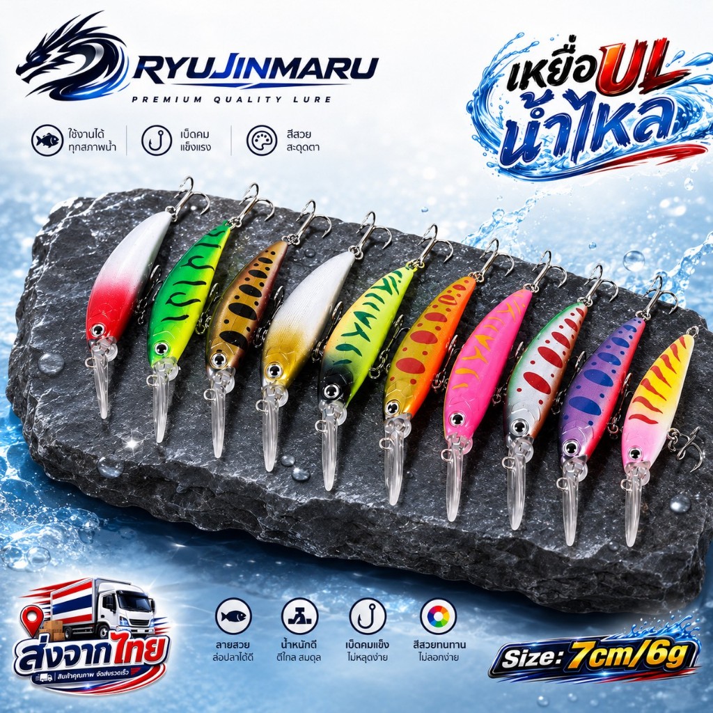 Ryujinmaru UL Deep Down Minow Lure เหยื่อสำหรับปลานักล่า ตกปลากระสูบ งานUL ปลาน้ำไหล ปลั๊กดำลึก 6g/7cm เหยื่อปลอมมินนาว