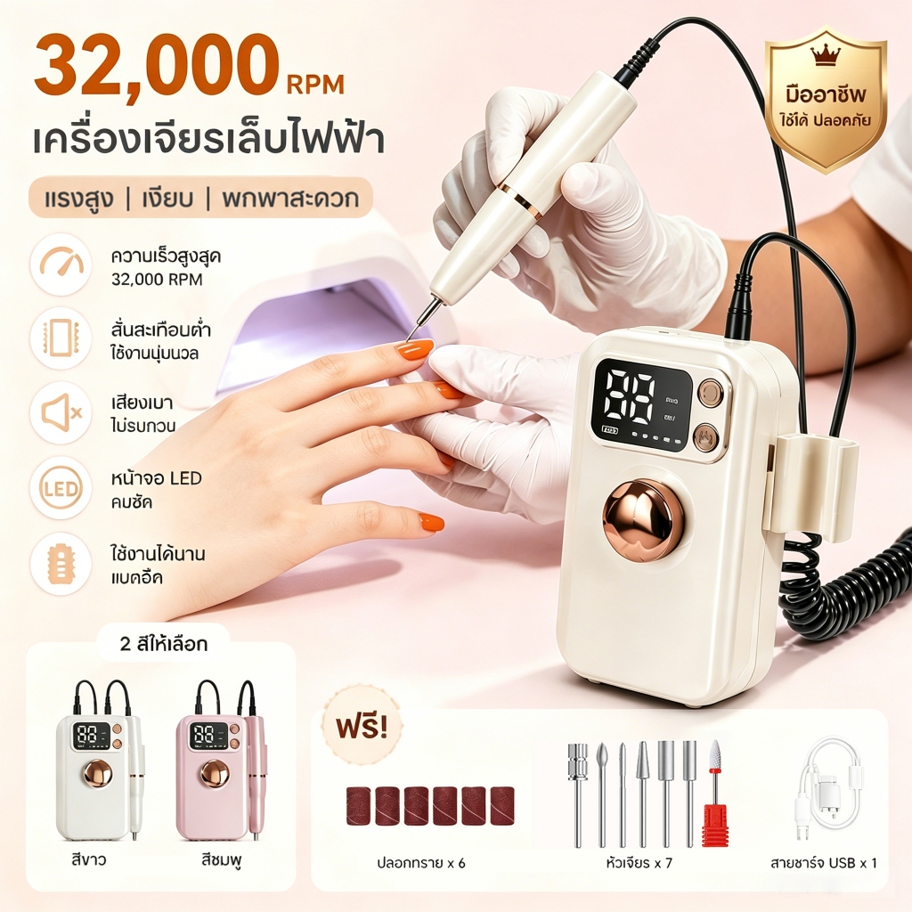 【มี 7 หัว】เครื่องขัดเล็บไฟฟ้า แบบพกพา USB เครื่องทำเล็บ เครื่องทำเล็บไฟฟ้า ขัดและขจัดผิวที่ตายแล้ว