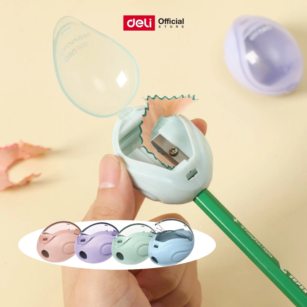 กบเหลาดินสอ 1 รู ทรงไข่ Deli รุ่น 0525 สีพาสเทล พกพาง่าย เหลาคม (คละสี/จำหน่าย 1 ชิ้น)