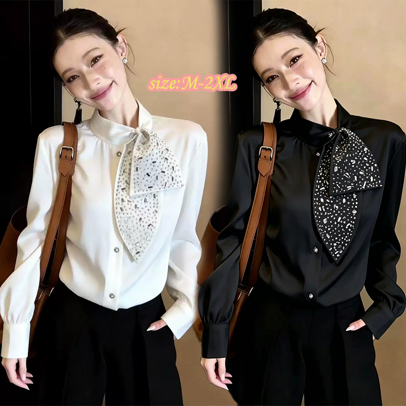99432ส่งจากไทย เสื้อเชิ้ตผ้าซาตินแขนยาวสไตล์หรูหรามีสายผูก ผู้หญิง มีเนคไทประดับลูกปัด สีพื้น คอปก เหมาะใส่ทำงานประจำวัน