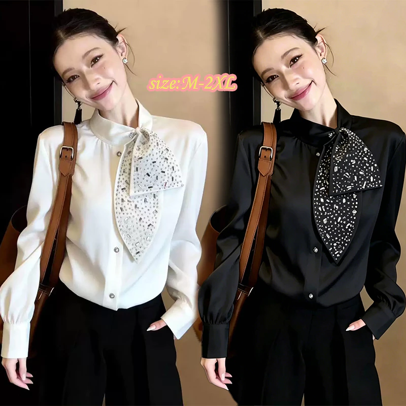 99432ส่งจากไทย เสื้อเชิ้ตผ้าซาตินแขนยาวสไตล์หรูหรามีสายผูก ผู้หญิง มีเนคไทประดับลูกปัด สีพื้น คอปก เหมาะใส่ทำงานประจำวัน