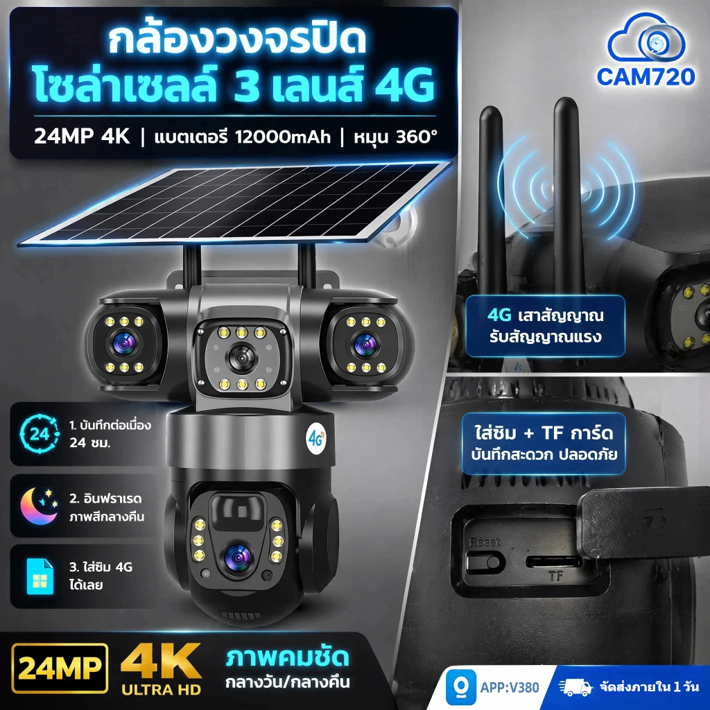 พร้อมส่ง CAM720 กล้องวงจรปิดโซลาร์ 4G เลนส์3 4K Ultra HD