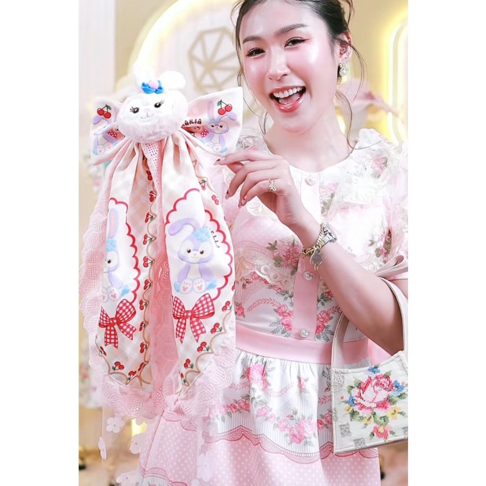โบว์สีชมพูพีชครีมกระต่ายสเตลล่า Special Ribbon กิ๊บสปริงสีทอง ขนาดใหญ่ โดดเด่น