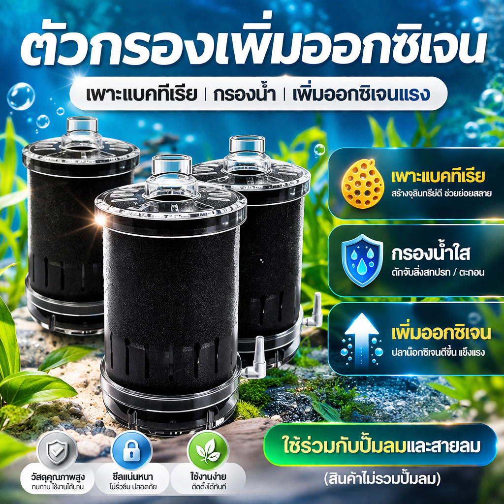 ตัวกรองเพิ่มออกซิเจน ตู้ปลา กรองน้ำแรง เงียบสนิท เพาะแบคทีเรีย ใช้กับปั๊มลม น้ำใส ลดกลิ่น ใช้ง่าย ทนทาน