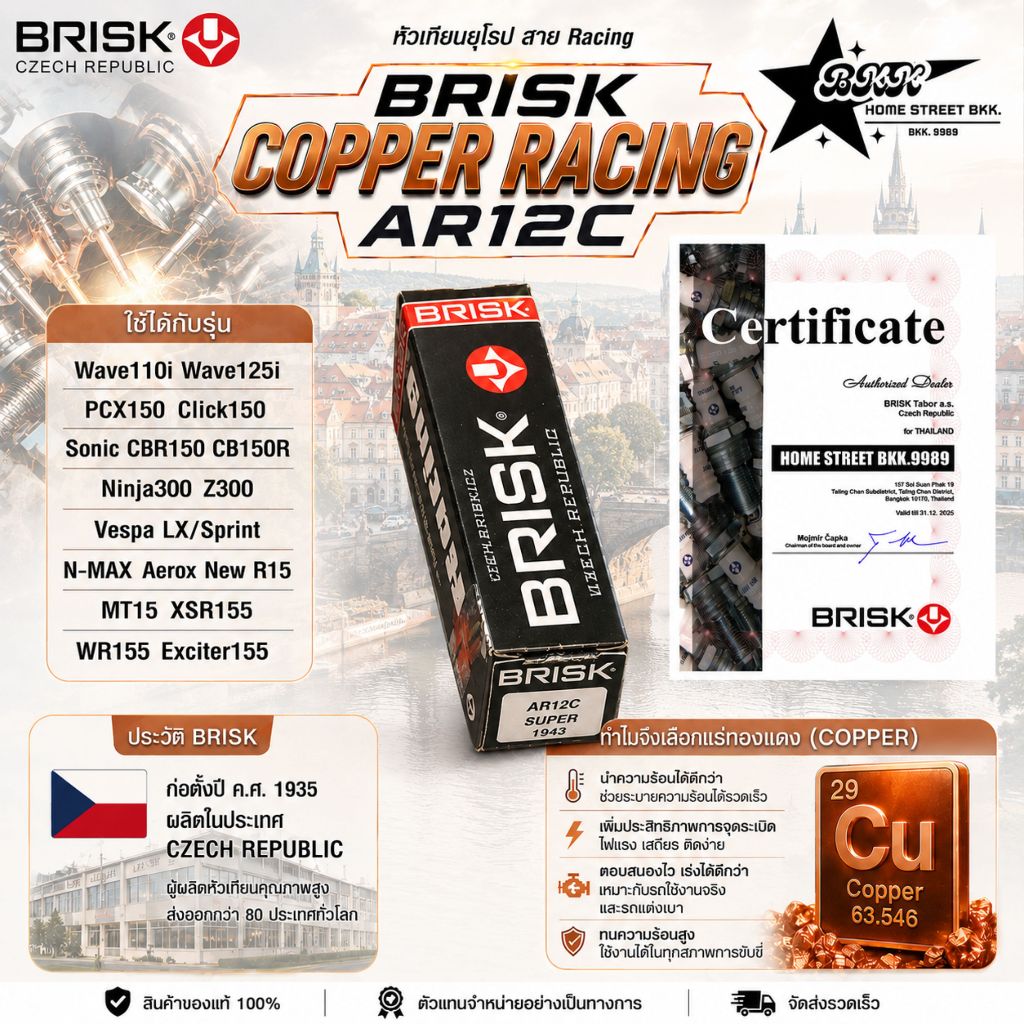 หัวเทียน Brisk Copper Racing AR12C สำหรับรถแต่ง WAVE110I WAVE125I N-MAX AEROX PCX150 CLICK150