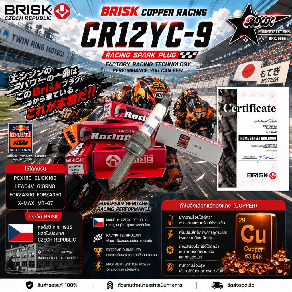 หัวเทียนแกนทองแดง BriskCopperRacing รุ่น CR12YC-9 อายุการใช้งาน 20,000 km.