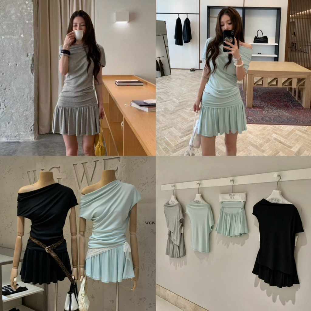9602 Set2pcs เสื้อคอกว้างแขนสั้น+กระโปรงสั้น งานป้าย WG.WE