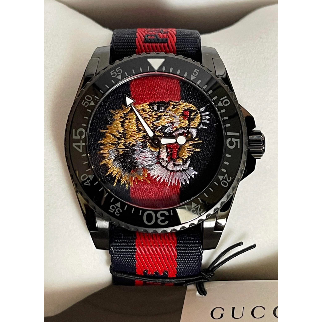 GUCCI Dive 45 mm Blue & Red Tiger Fabric Strap Men's Watch YA136215