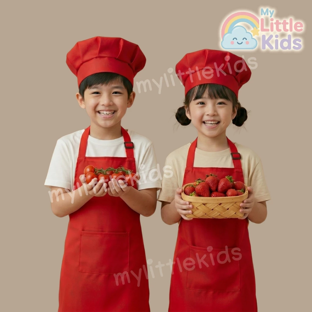 ชุดเชฟเด็ก สีแดง ผ้ากันเปื้อนเด็กพร้อมหมวกกันน้ำ ระบายอากาศ สายปรับได้ เซ็ตทำอาหาร/ทำขนม สำหรับเด็ก Chef Apron Kids