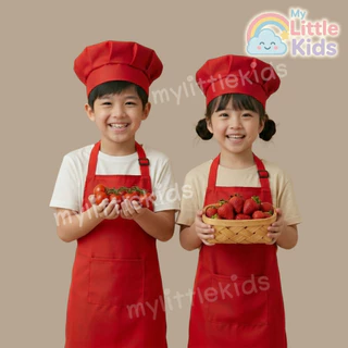 ชุดเชฟเด็ก สีแดง ผ้ากันเปื้อนเด็กพร้อมหมวกกันน้ำ ระบายอากาศ สายปรับได้ เซ็ตทำอาหาร/ทำขนม สำหรับเด็ก Chef Apron Kids
