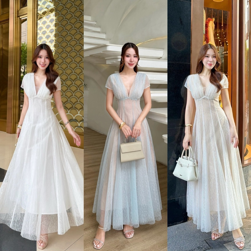 เดรสลูกไม้คอวีลึก ช่วงเอวเข้ารูปตัวกระโปรงทรงยาวพริ้ว ซับในทั้งตัว ซิปหลัง ให้ลุคคุณหนูเรียบหรู #abi