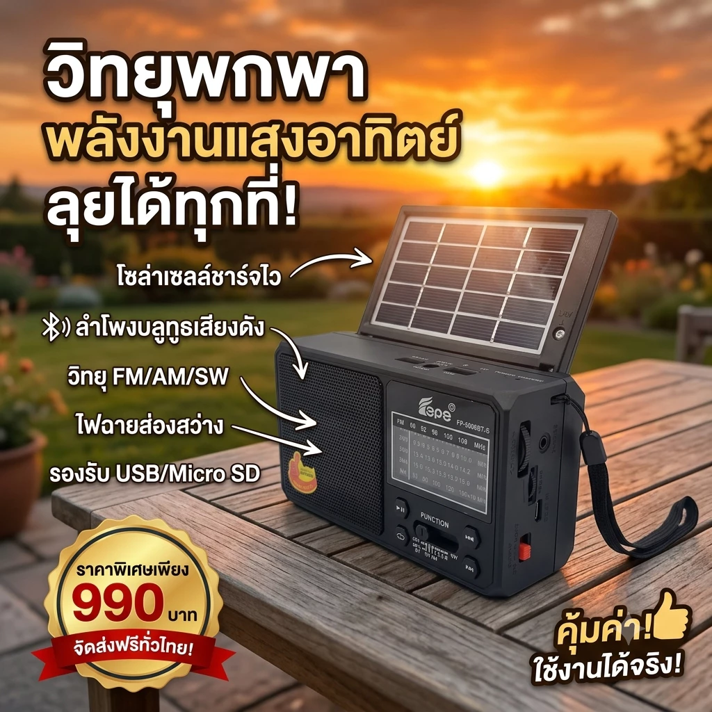 วิทยุ-โซล่าเซลล์ FP-9006BT-S บลูธูท FM/AM/SW เชื่อมต่อ MP3 USB TFcard ไฟฉาย LED
