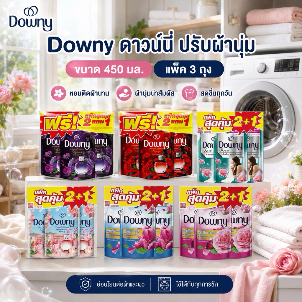{ แพค 3ถุง} DOWNY ดาวน์นี่ น้ำยาปรับผ้านุ่ม ขนาด 450 มล.[2+1]