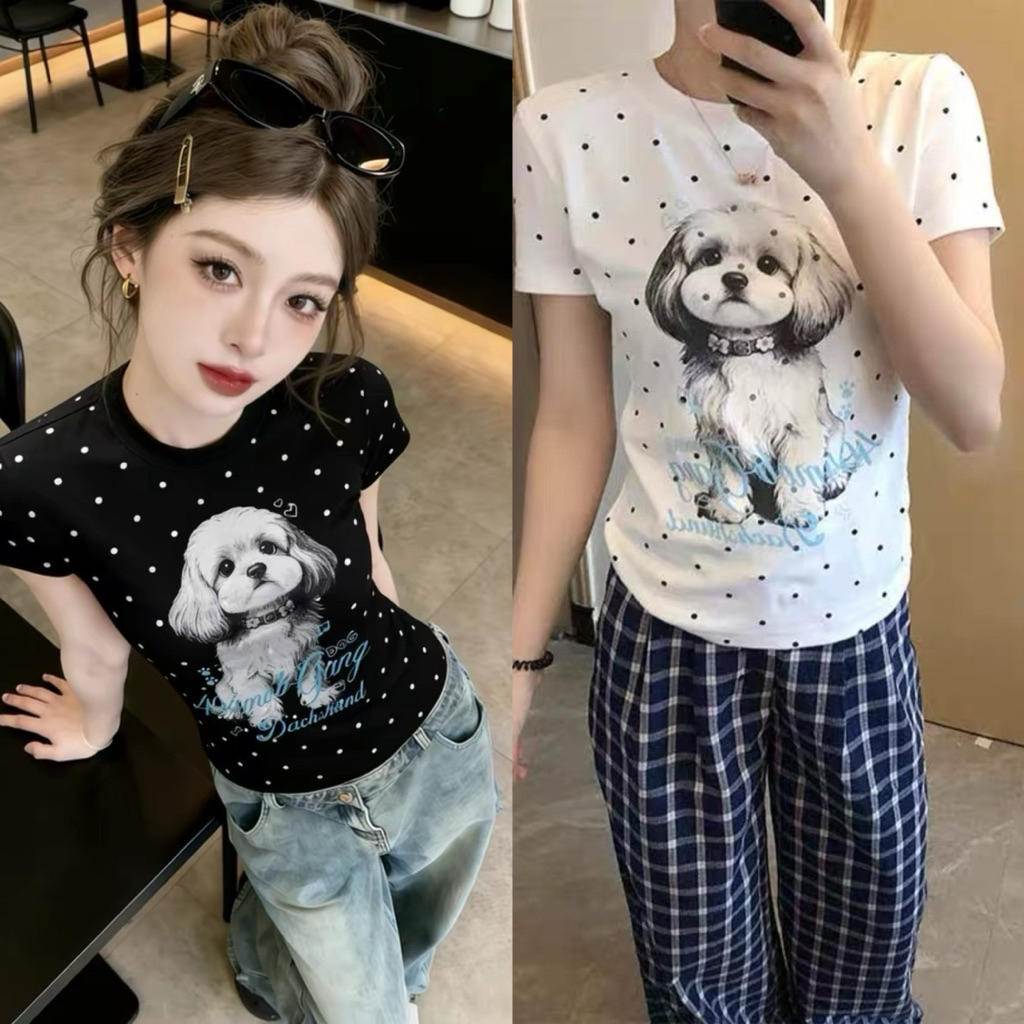 9896# เสื้อแขนสั้นลาย polka dot สกรีนลายช่วงอก เนื้อผ้ายืดอย่างดี TAG:WG.WE 🇰🇷