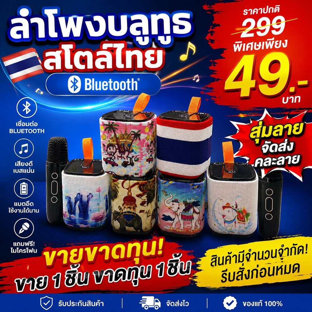 ลำโพงบลูทูธ Thai Culture ช้างไทย ลำโพงบลูทูธ ไมโครโฟนคู่ RGB ของแท้ มินิ ลำโพงคาราโอเกะไร้สายขนาดเล็กพกพากลางแจ้ง ลำโพงบ