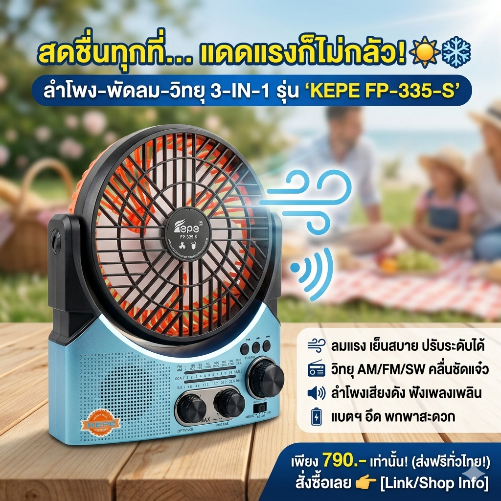 วิทยุพัดลม โซล่าเซลล์ รุ่นFP-335-S เชื่อมบลูทูธ FM RADIO Music Player