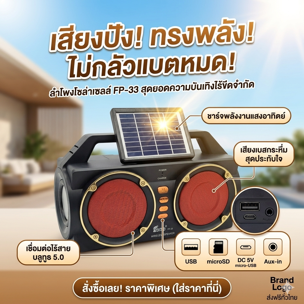 "ล่าสุด"ลำโพงบลูทูธโซล่าร์เซลล์ เสียงดี เบสแน่น USB/TF
