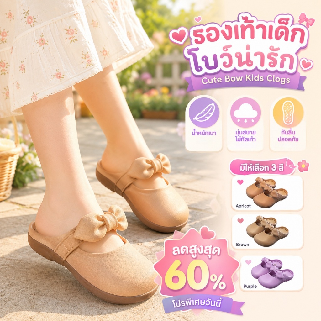 2J3-4 (ส่งด่วน1วัน) รองเท้าแตะแบบสวมแต่งโบว์สำหรับเด็กผู้หญิงสไตล์คุณหนู ใส่สบาย มีกันลื่น