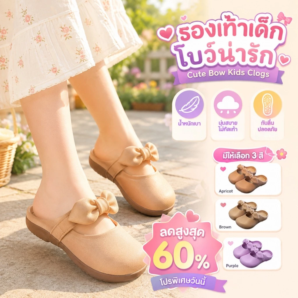 2J3-4 (ส่งด่วน1วัน) รองเท้าแตะแบบสวมแต่งโบว์สำหรับเด็กผู้หญิงสไตล์คุณหนู ใส่สบาย มีกันลื่น
